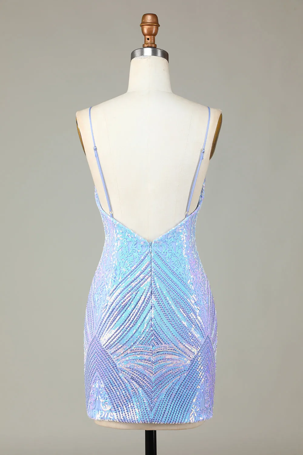 Sparkly Blue Sheath Spaghetti Straps Backless Sequins Short Homecoming Dress
