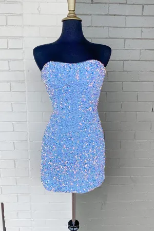 Sparkly Blue Strapless Sequins Short Homecoming Dresses