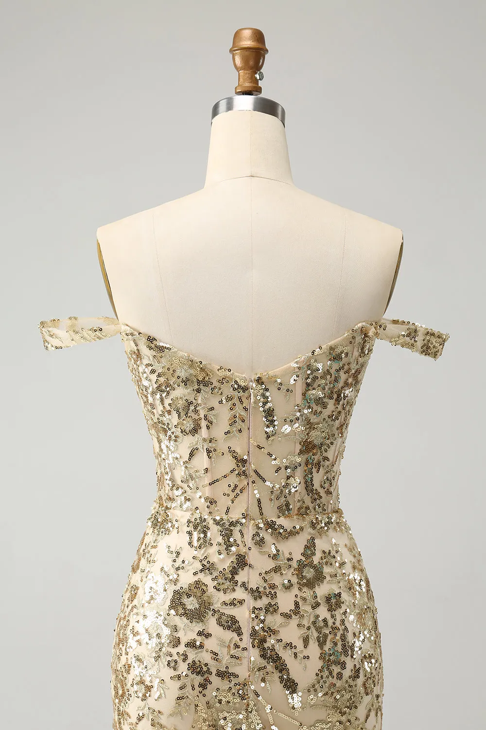 Sparkly Golden Bodycon Off The Shoulder Corset Homecoming Dress with Sequins