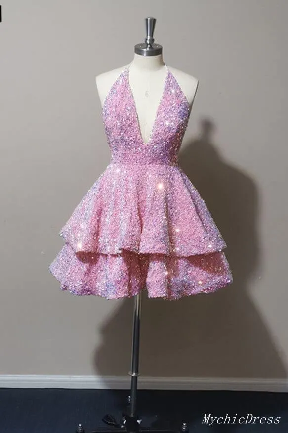 Sparkly Halter White Sequin Cocktail dresses 2024 Tiered Prom Dresses