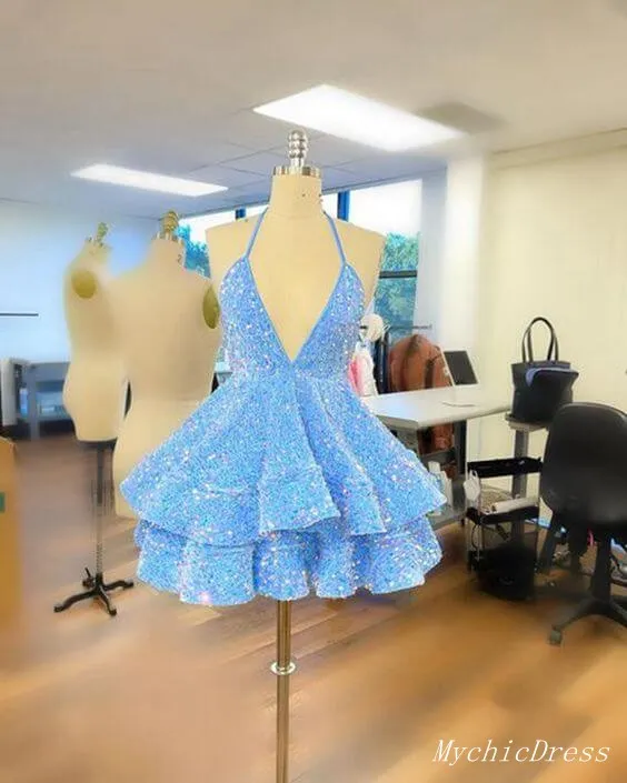 Sparkly Halter White Sequin Cocktail dresses 2024 Tiered Prom Dresses