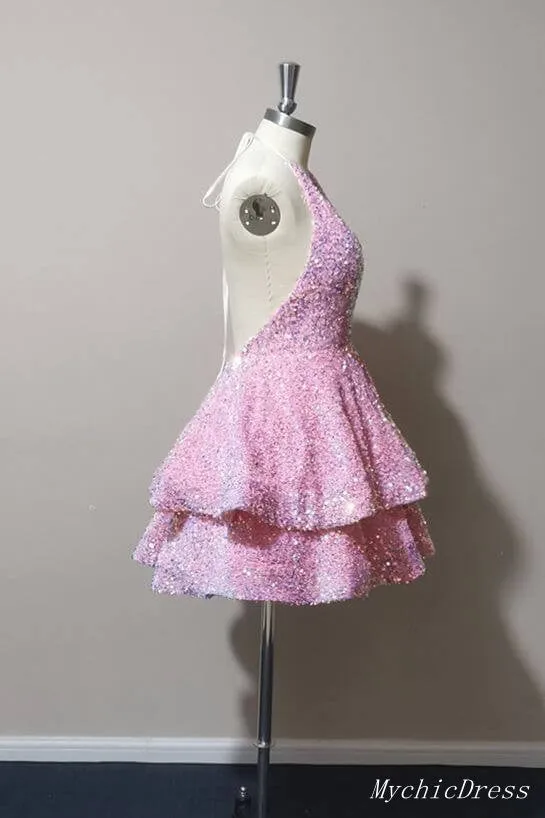 Sparkly Halter White Sequin Cocktail dresses 2024 Tiered Prom Dresses