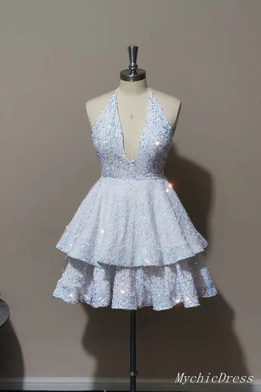Sparkly Halter White Sequin Cocktail dresses 2024 Tiered Prom Dresses