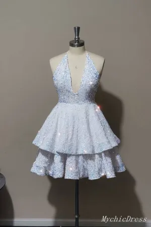 Sparkly Halter White Sequin Cocktail dresses 2024 Tiered Prom Dresses