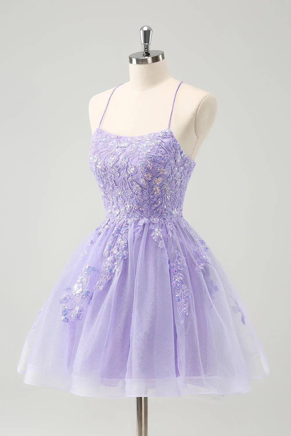 Sparkly Lilac A Line Spaghetti Straps Sequin Short Homecoming Dress with Lace Up Back