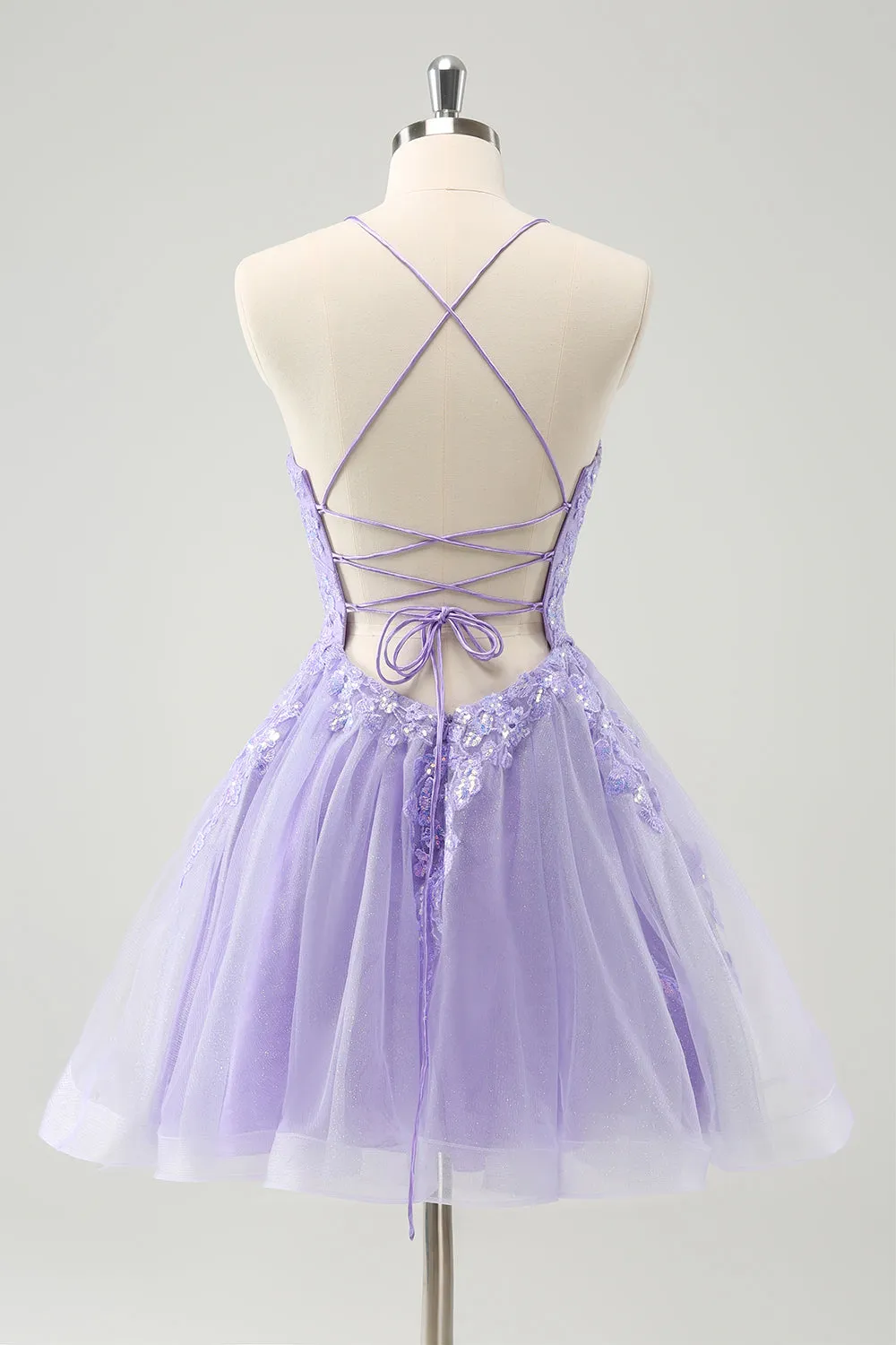 Sparkly Lilac A Line Spaghetti Straps Sequin Short Homecoming Dress with Lace Up Back