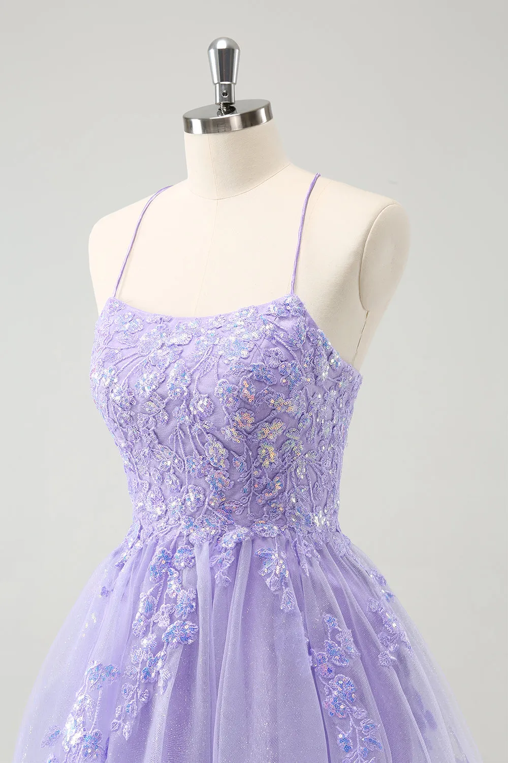 Sparkly Lilac A Line Spaghetti Straps Sequin Short Homecoming Dress with Lace Up Back