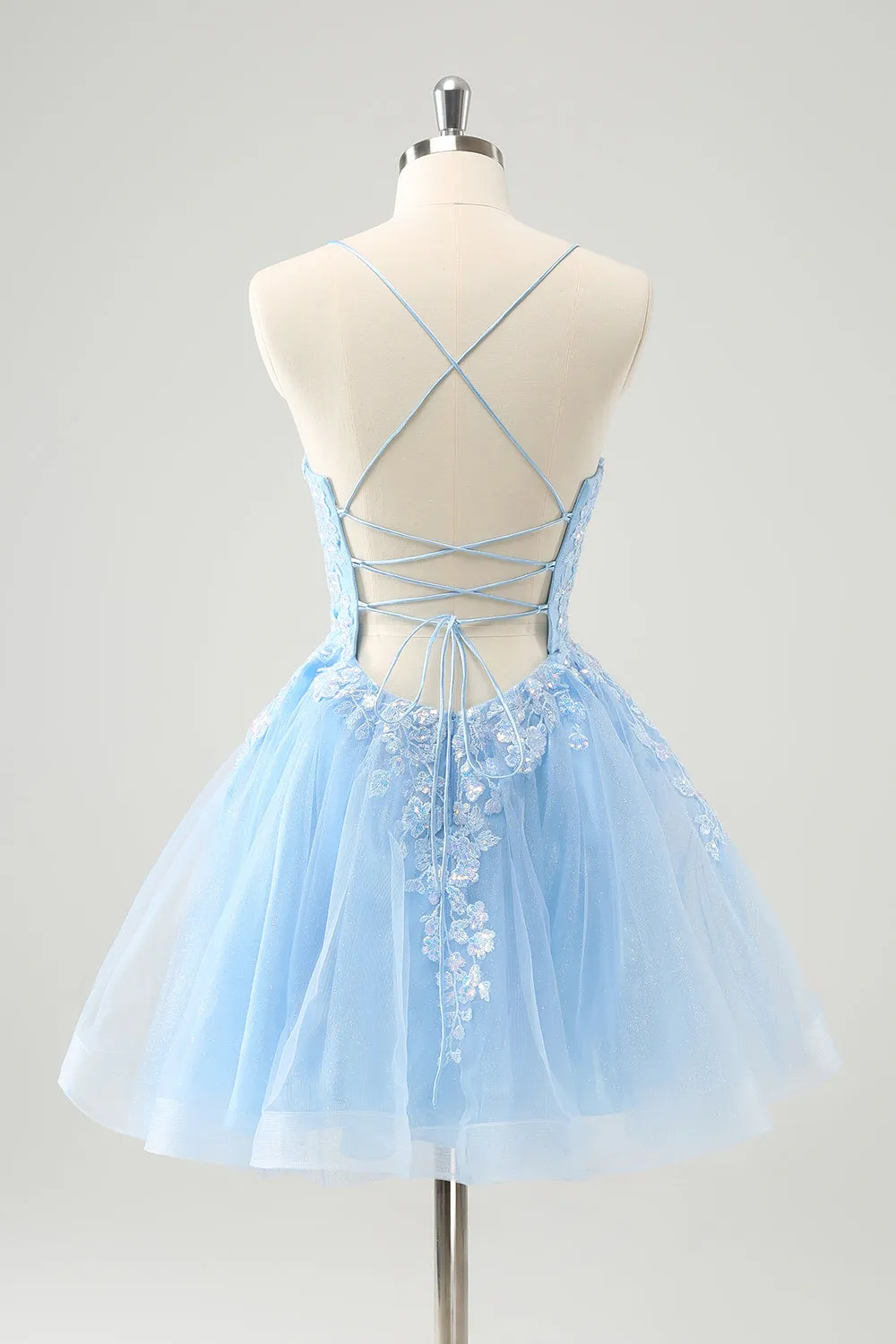 Sparkly Lilac A Line Spaghetti Straps Sequin Short Homecoming Dress with Lace Up Back