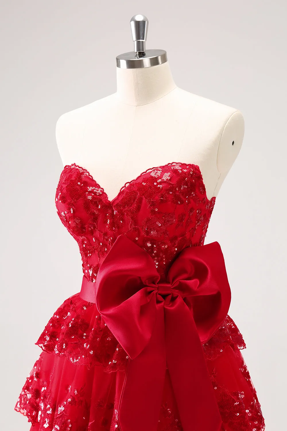 Sparkly Red A Line Sweetheart Corset Tiered Ruffle Homecoming Dress with Bows