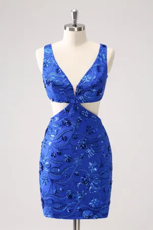 Sparkly Royal Blue Tight Hollow Out Sequin Short Homecoming Dress with Lace Up Back