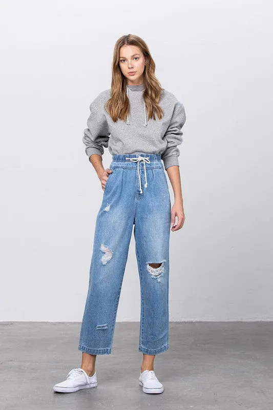 Super High Waist Drawstring Ripped Slouch Jeans