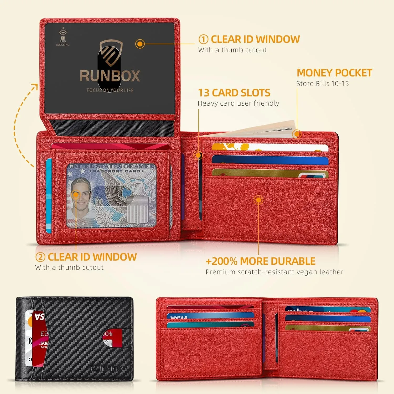 Trifold Genuine Leather Wallet for Men With 2 ID Window-Red