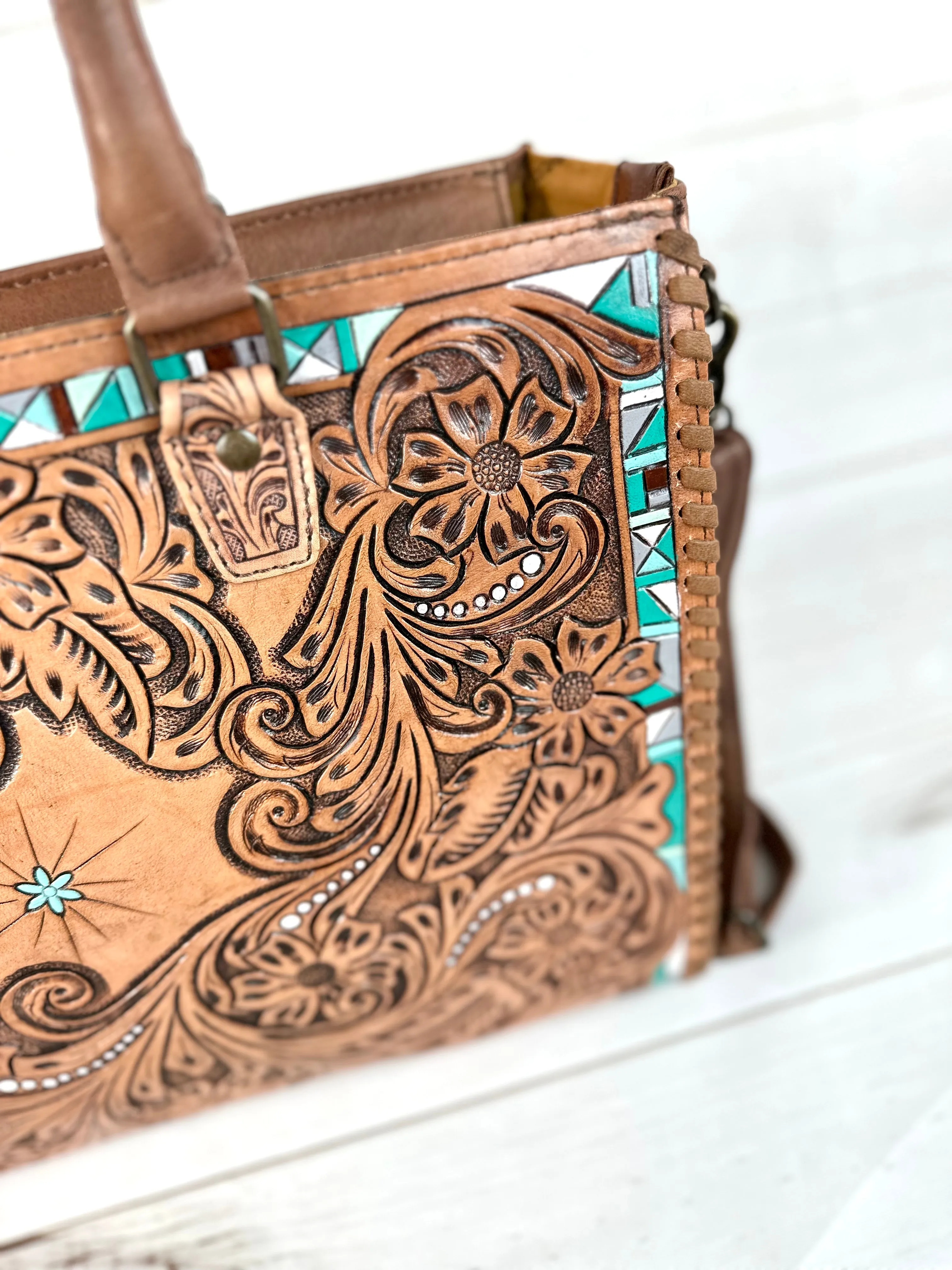 Turquoise Aztec Border Floral Tooled Large Tote