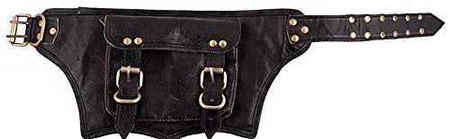 TUZECH - Black Leather Belt Waist Hip Bum Bag Pouch Fanny Pack Utility Pocket Travel Phone Waist Bag Motorcycle Utility Pouch Trekking Genuine Leather Men Women Travel Belt (Black)