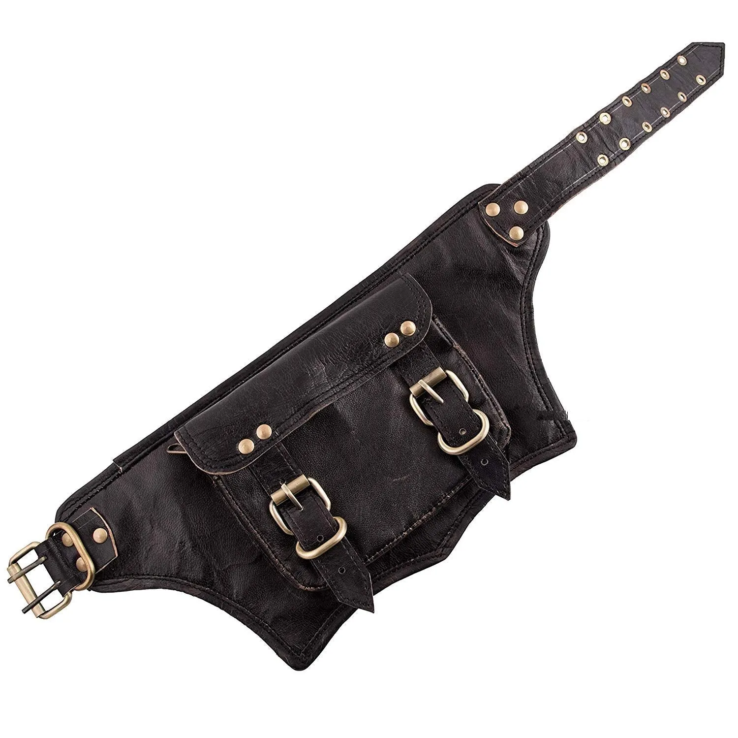 TUZECH - Black Leather Belt Waist Hip Bum Bag Pouch Fanny Pack Utility Pocket Travel Phone Waist Bag Motorcycle Utility Pouch Trekking Genuine Leather Men Women Travel Belt (Black)