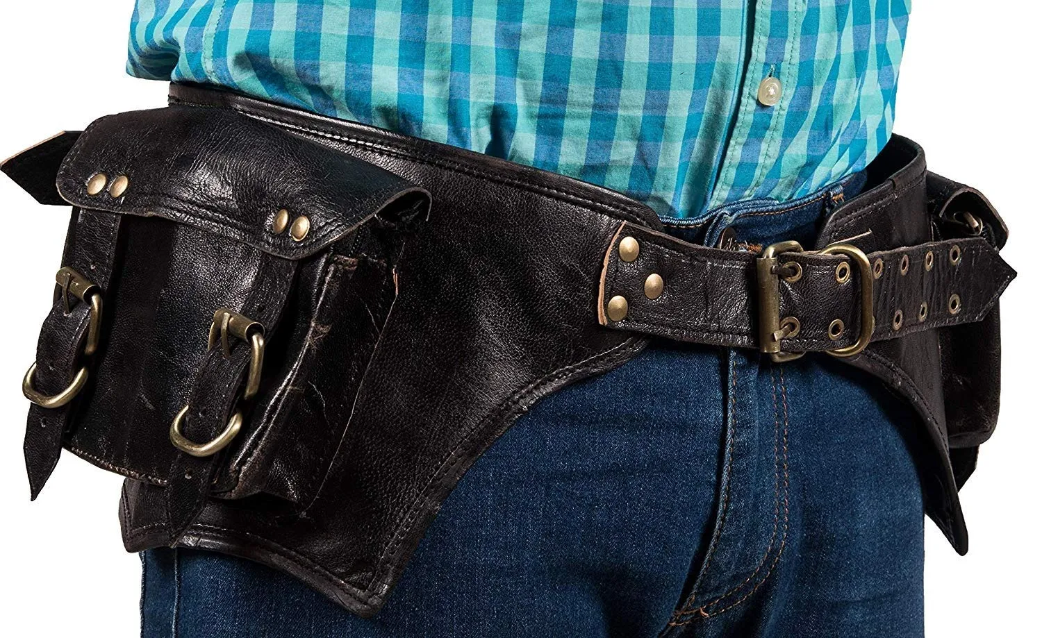 TUZECH - Black Leather Belt Waist Hip Bum Bag Pouch Fanny Pack Utility Pocket Travel Phone Waist Bag Motorcycle Utility Pouch Trekking Genuine Leather Men Women Travel Belt (Black)