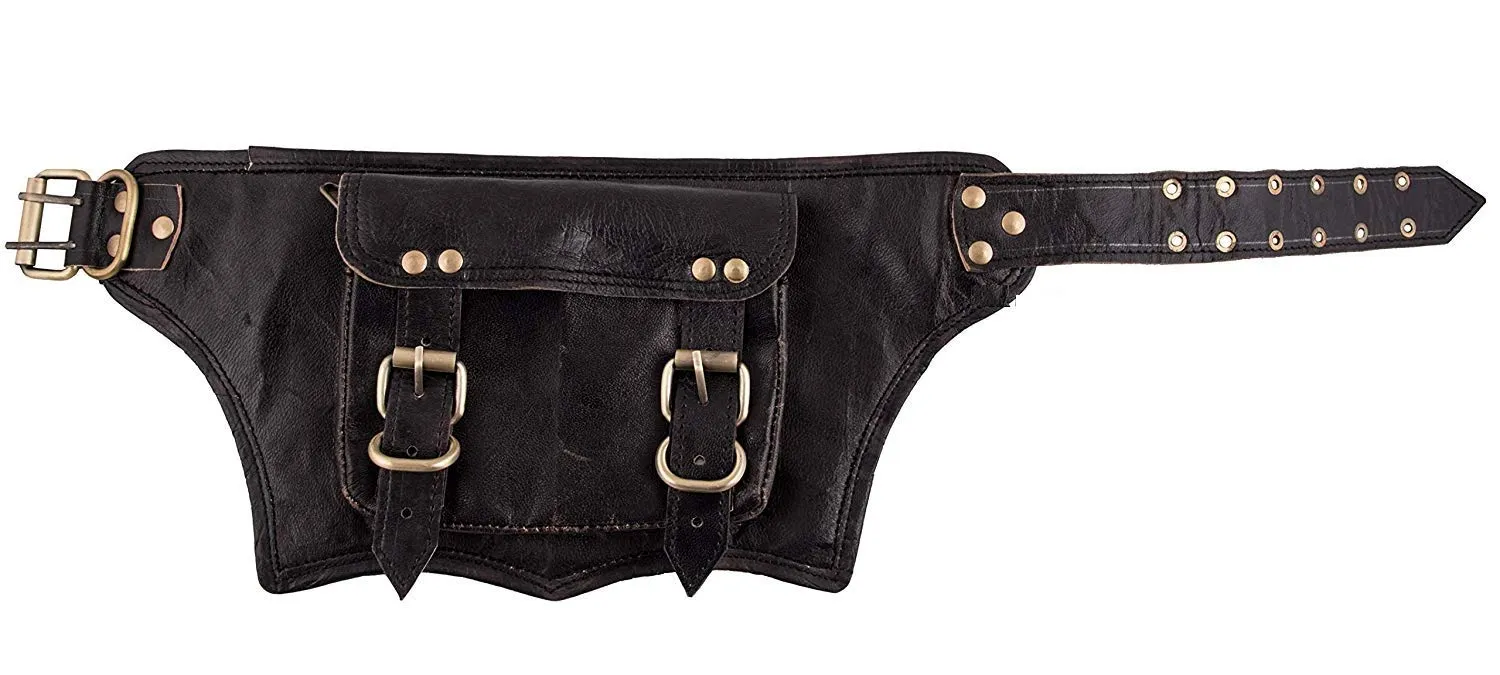TUZECH - Black Leather Belt Waist Hip Bum Bag Pouch Fanny Pack Utility Pocket Travel Phone Waist Bag Motorcycle Utility Pouch Trekking Genuine Leather Men Women Travel Belt (Black)
