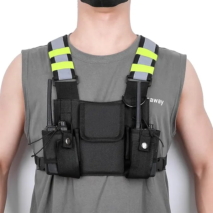 Versatile Chest Bag Vest Rig For Two Way Radio Walkie Talkie Universal Hands Freely Front Chest Pack Pouch For Running With Phone Holder Hiphop Harness Bag (Upgrade Black)