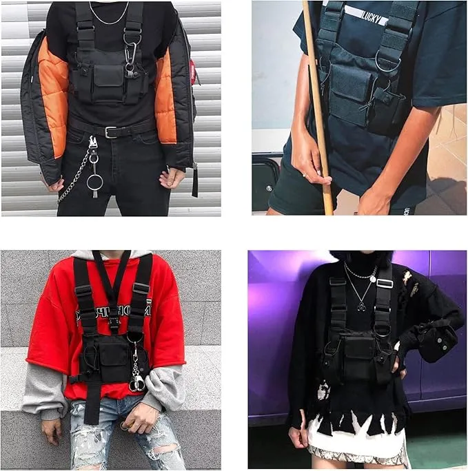 Versatile Chest Bag Vest Rig For Two Way Radio Walkie Talkie Universal Hands Freely Front Chest Pack Pouch For Running With Phone Holder Hiphop Harness Bag (Upgrade Black)
