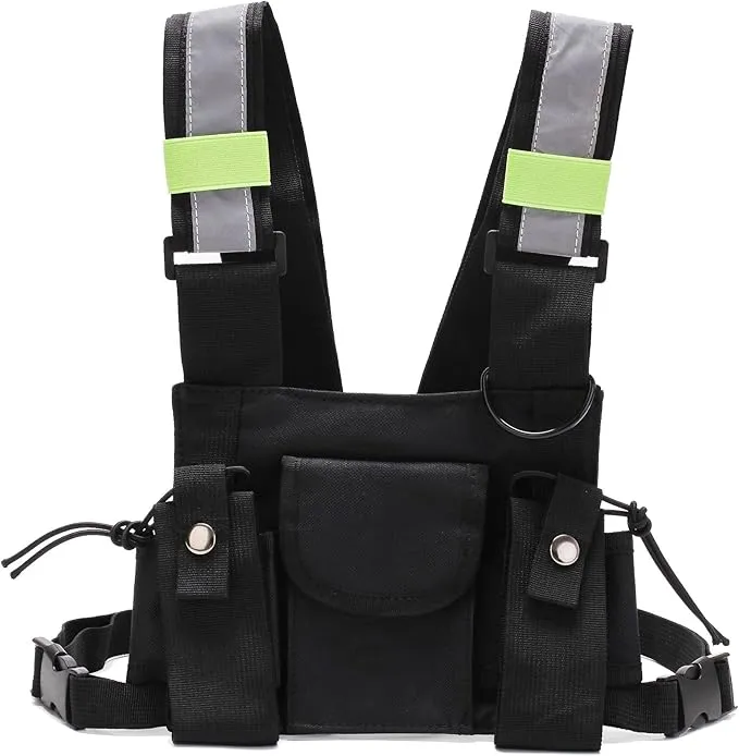 Versatile Chest Bag Vest Rig For Two Way Radio Walkie Talkie Universal Hands Freely Front Chest Pack Pouch For Running With Phone Holder Hiphop Harness Bag (Upgrade Black)