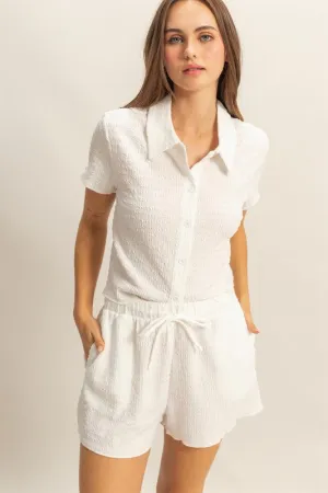 White Textured Short Sleeve Top and Drawstring Shorts Knit Set