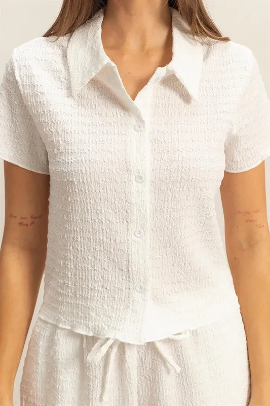 White Textured Short Sleeve Top and Drawstring Shorts Knit Set