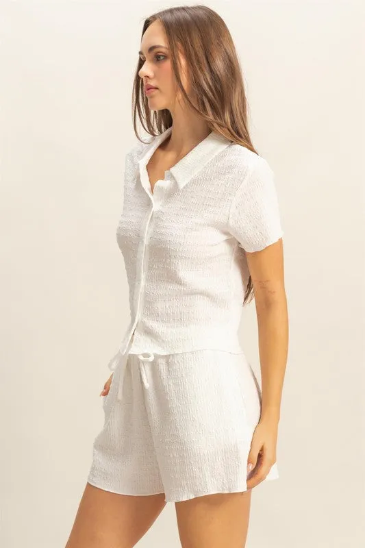 White Textured Short Sleeve Top and Drawstring Shorts Knit Set