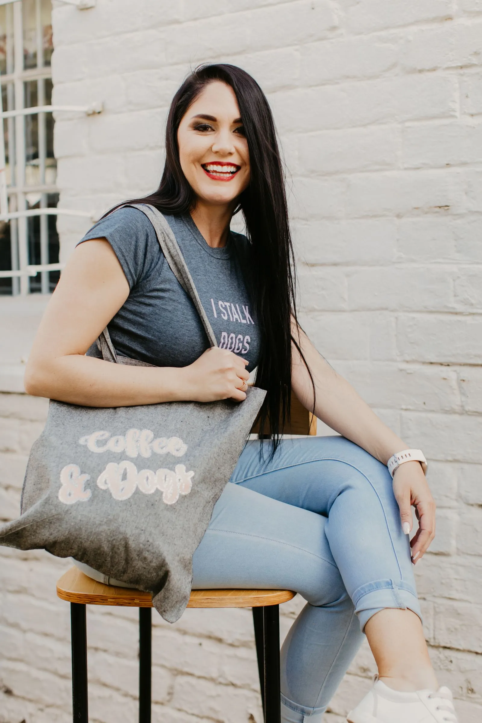 Wishbone Coffee & Dogs grey Cotton Eco Tote with coral & Glitter