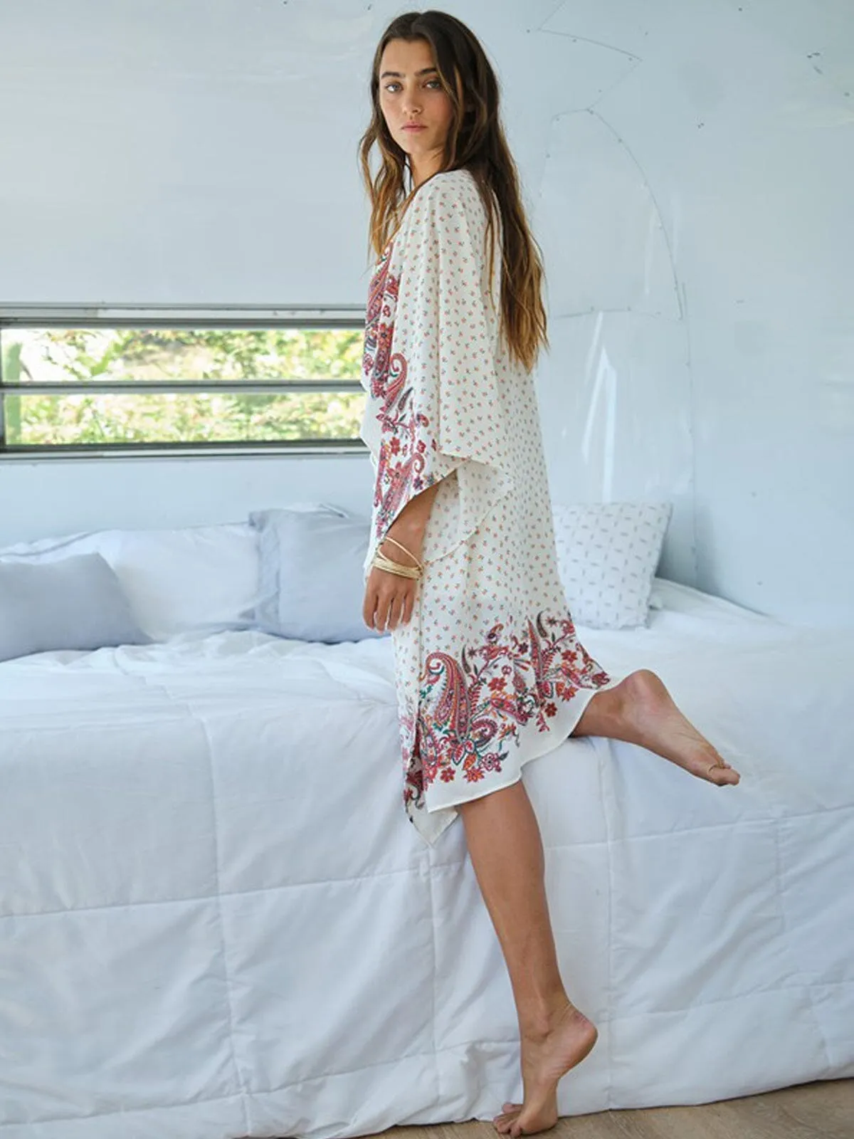WOMEN'S 3/4 SLEEVE MULTI PRINT OPEN FRONT KIMONO