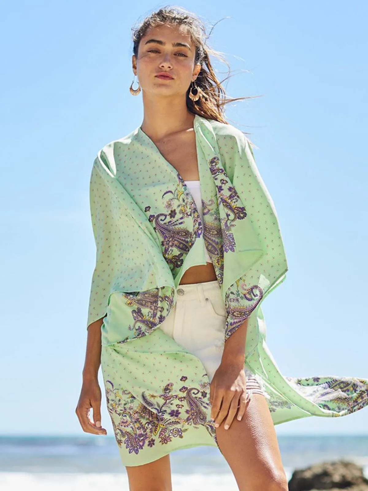 WOMEN'S 3/4 SLEEVE MULTI PRINT OPEN FRONT KIMONO