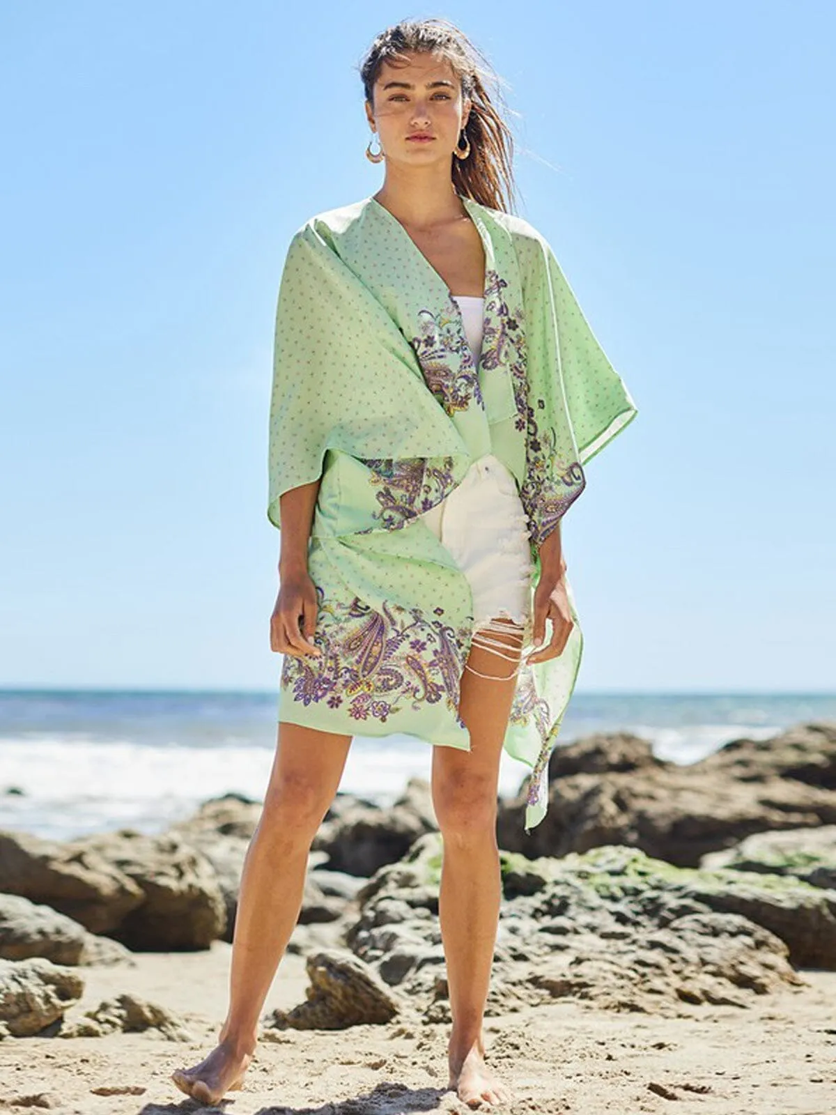 WOMEN'S 3/4 SLEEVE MULTI PRINT OPEN FRONT KIMONO
