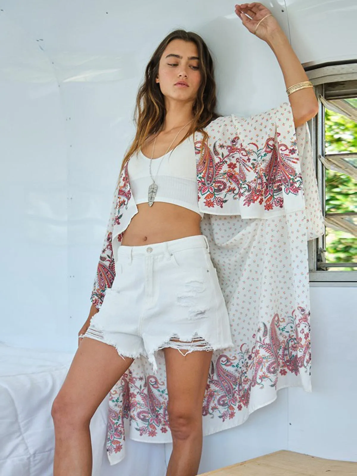 WOMEN'S 3/4 SLEEVE MULTI PRINT OPEN FRONT KIMONO