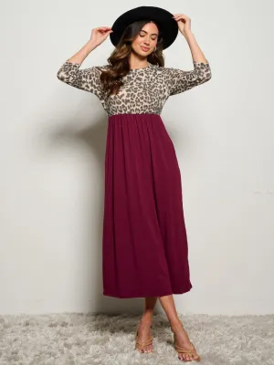 WOMEN'S 3/4 SLEEVE POCKETS ELASTIC WAIST ANIMAL PRINT MAXI DRESS