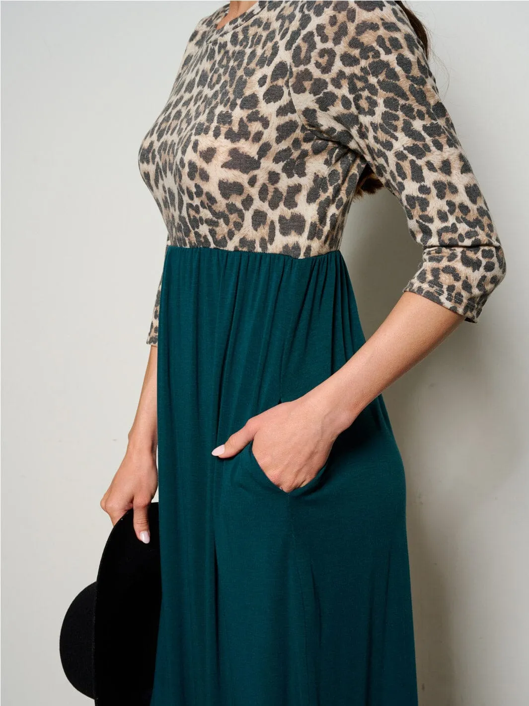 WOMEN'S 3/4 SLEEVE POCKETS ELASTIC WAIST ANIMAL PRINT MAXI DRESS