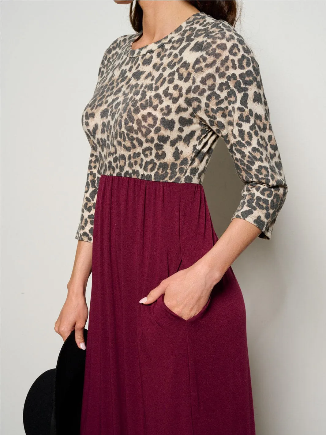 WOMEN'S 3/4 SLEEVE POCKETS ELASTIC WAIST ANIMAL PRINT MAXI DRESS