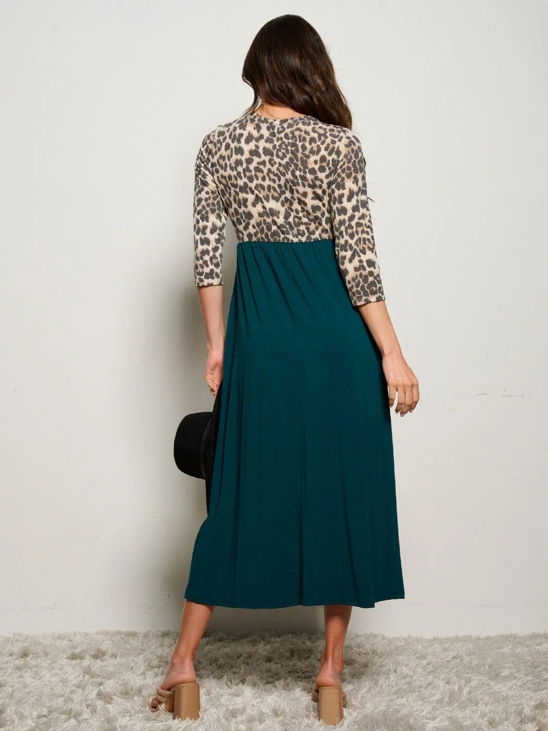 WOMEN'S 3/4 SLEEVE POCKETS ELASTIC WAIST ANIMAL PRINT MAXI DRESS