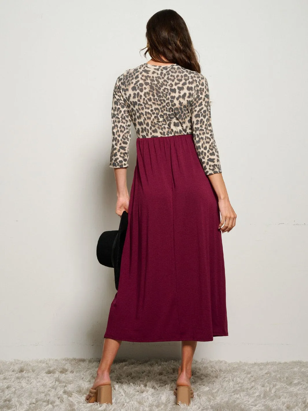 WOMEN'S 3/4 SLEEVE POCKETS ELASTIC WAIST ANIMAL PRINT MAXI DRESS