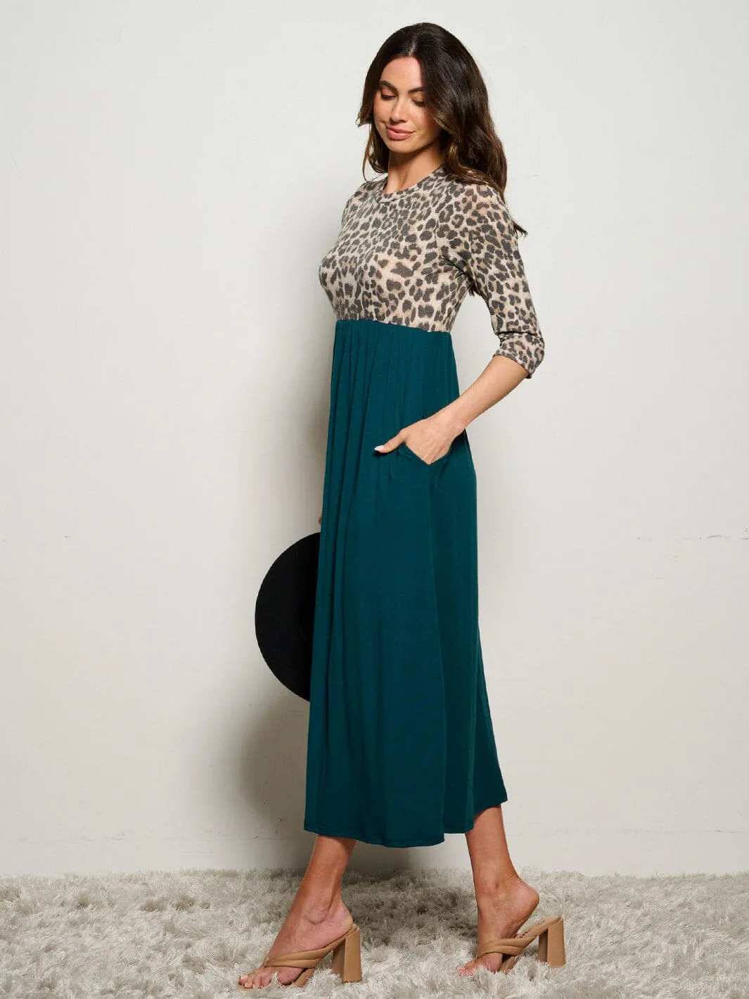 WOMEN'S 3/4 SLEEVE POCKETS ELASTIC WAIST ANIMAL PRINT MAXI DRESS