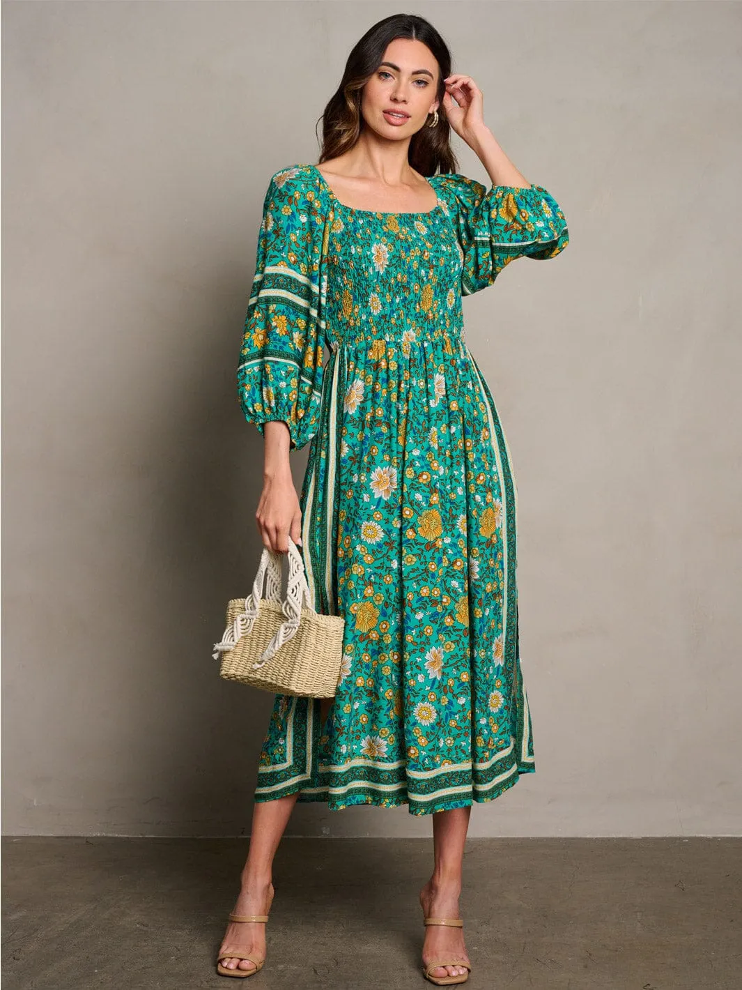 WOMEN'S 3/4 SLEEVE SMOCK FLORAL MIDI DRESS