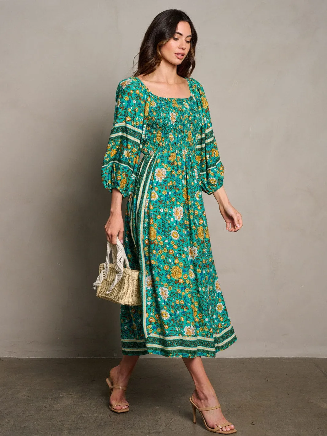 WOMEN'S 3/4 SLEEVE SMOCK FLORAL MIDI DRESS