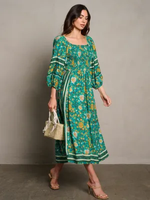 WOMEN'S 3/4 SLEEVE SMOCK FLORAL MIDI DRESS