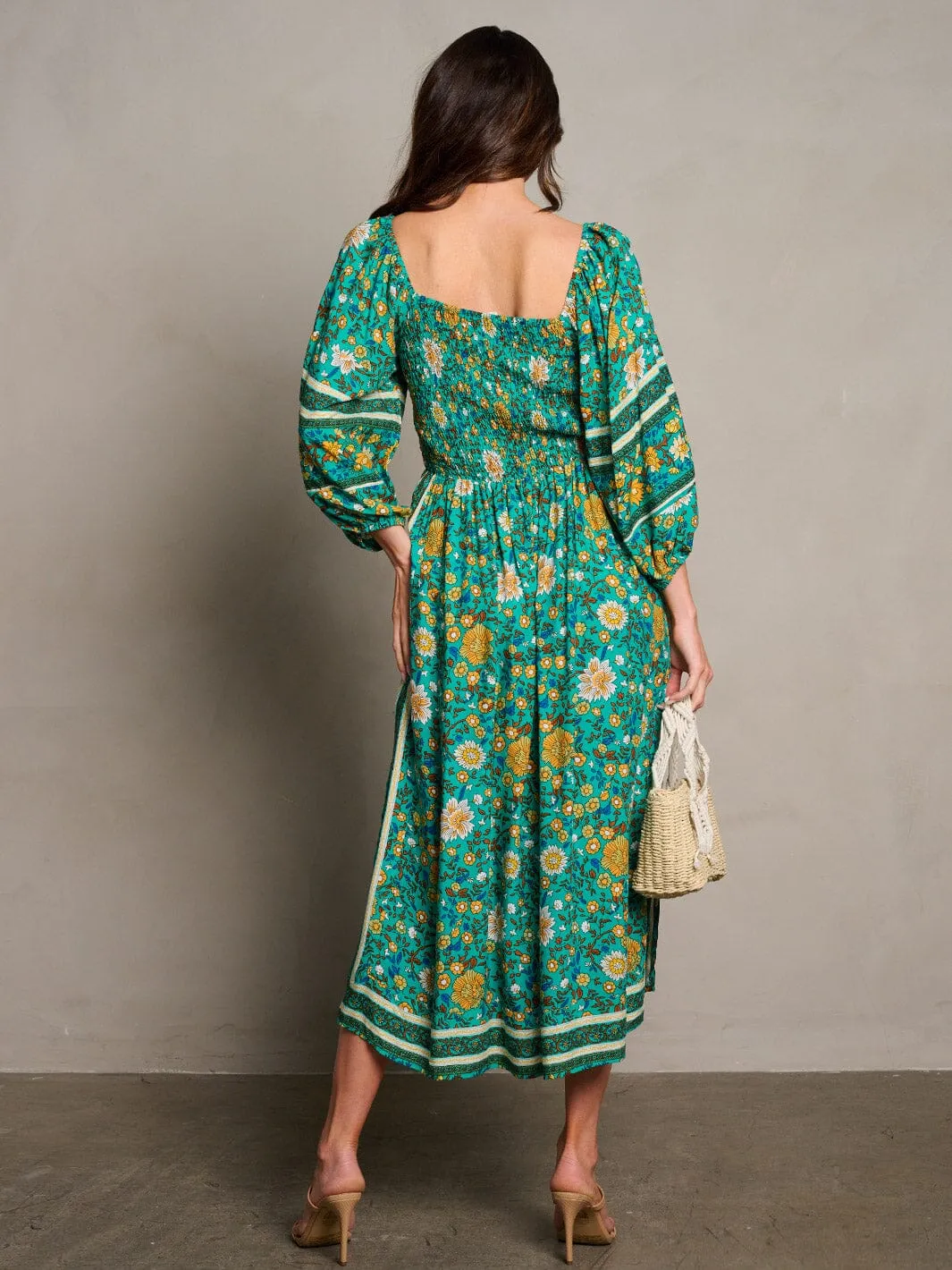 WOMEN'S 3/4 SLEEVE SMOCK FLORAL MIDI DRESS