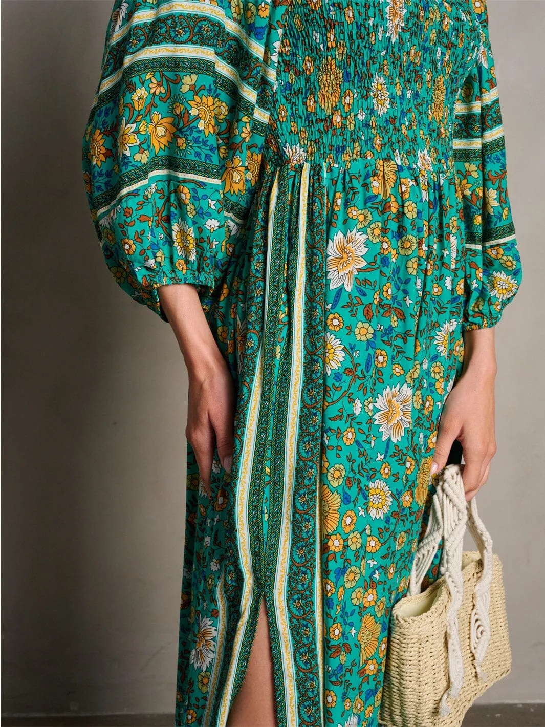 WOMEN'S 3/4 SLEEVE SMOCK FLORAL MIDI DRESS