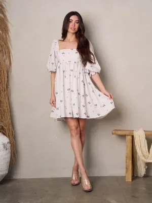 WOMEN'S 3/4 SLEEVE SQUARE NECK BABYDOLL PRINTED MINI DRESS