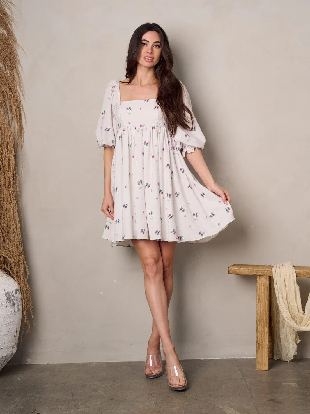 WOMEN'S 3/4 SLEEVE SQUARE NECK BABYDOLL PRINTED MINI DRESS