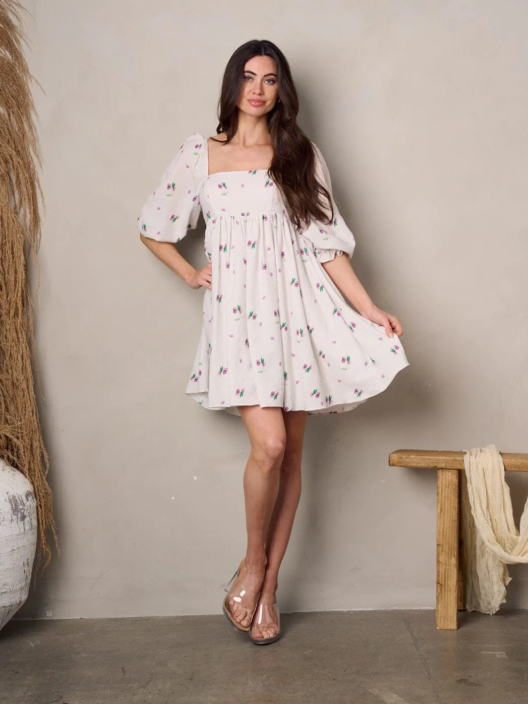 WOMEN'S 3/4 SLEEVE SQUARE NECK BABYDOLL PRINTED MINI DRESS