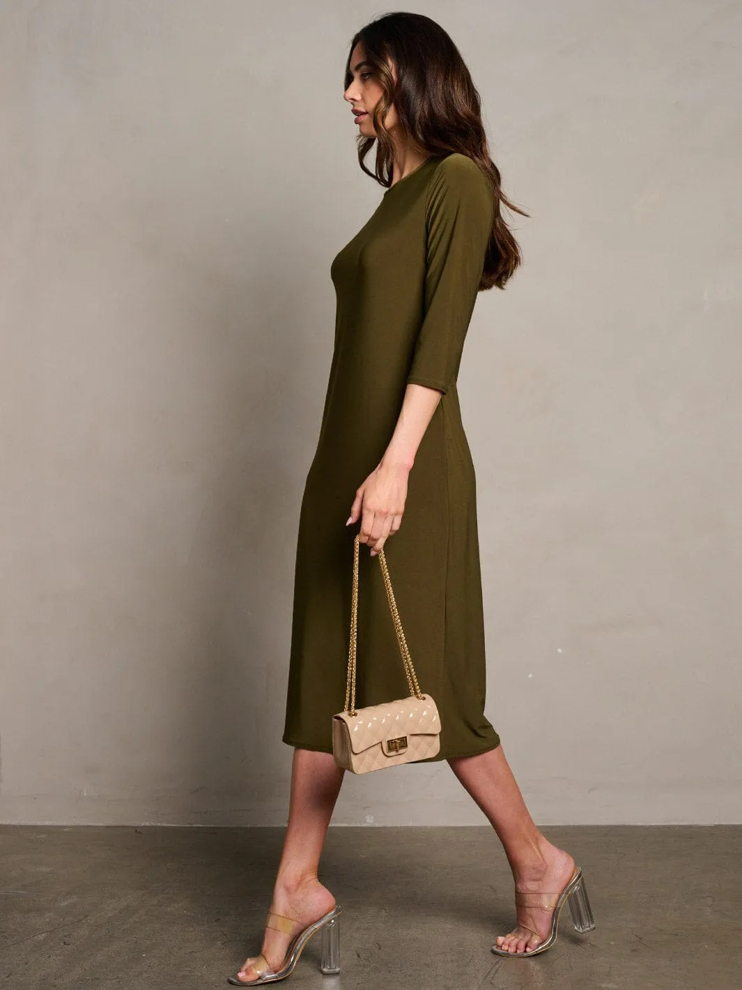 WOMEN'S 3/4 SLEEVES POCKETS SOLID MIDI DRESS