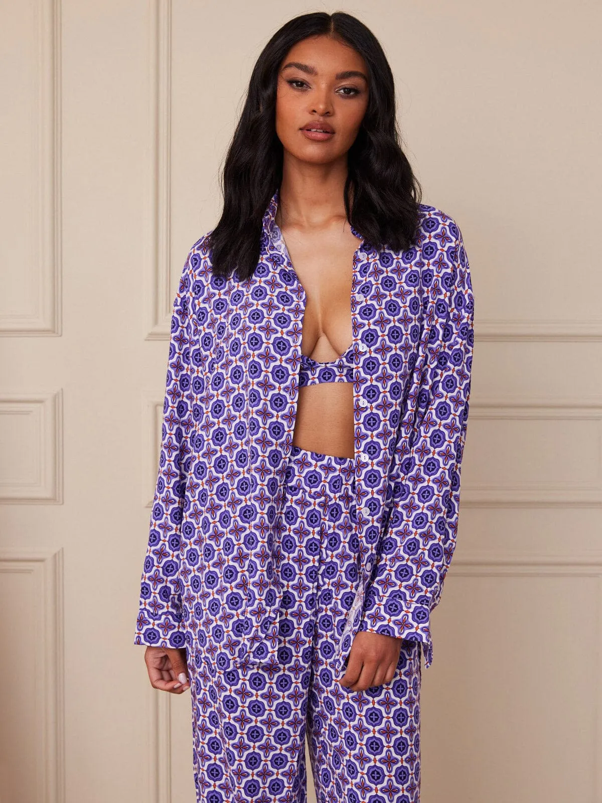 WOMEN'S BRALETTE WITH LONG SLEEVE BUTTON UP TOP & PANTS PRINTED 3PC. SET