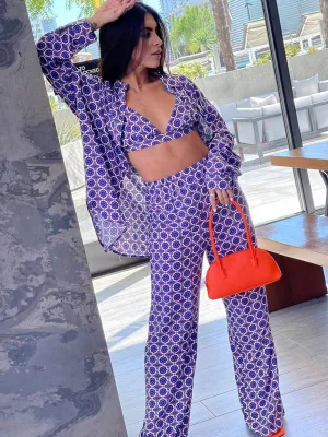 WOMEN'S BRALETTE WITH LONG SLEEVE BUTTON UP TOP & PANTS PRINTED 3PC. SET