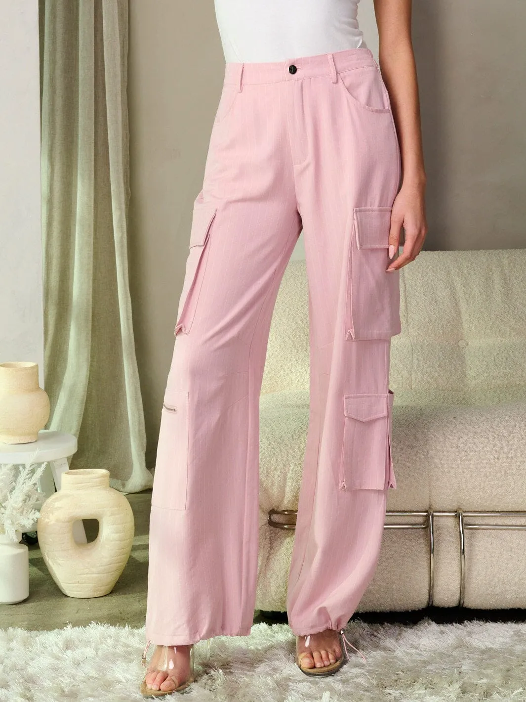 WOMEN'S BUTTON CLOSURE CARGO POCKETS WIDE LEG PANTS